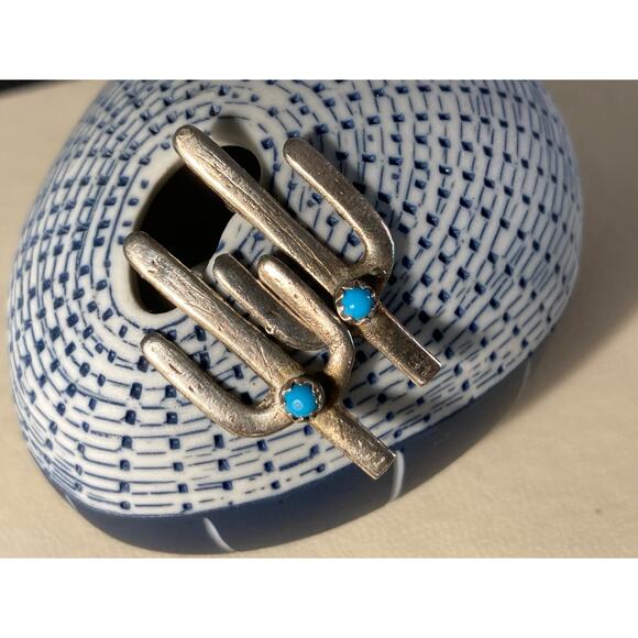 Silver & Turquoise Earrings Tiny Cactus Saguaro Pierced ~ Desert Love - Picture 5 of 7